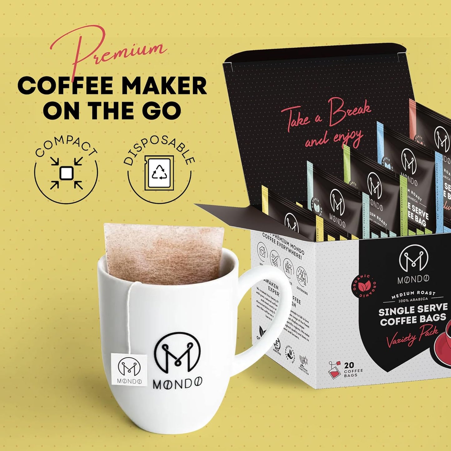 Mondo Single Serve Coffee Bags (20 Cups) Variety Pack - Organic, Medium Roast - Disposable, Portable Coffee Filters for Camping and Travel, Sampler Box of 5 Ground Coffee Flavors