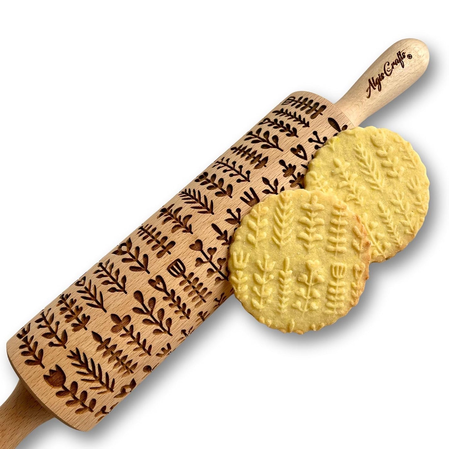 HERBS Embossing rolling pin. Leafy green and flowering plants on embossed dough roller