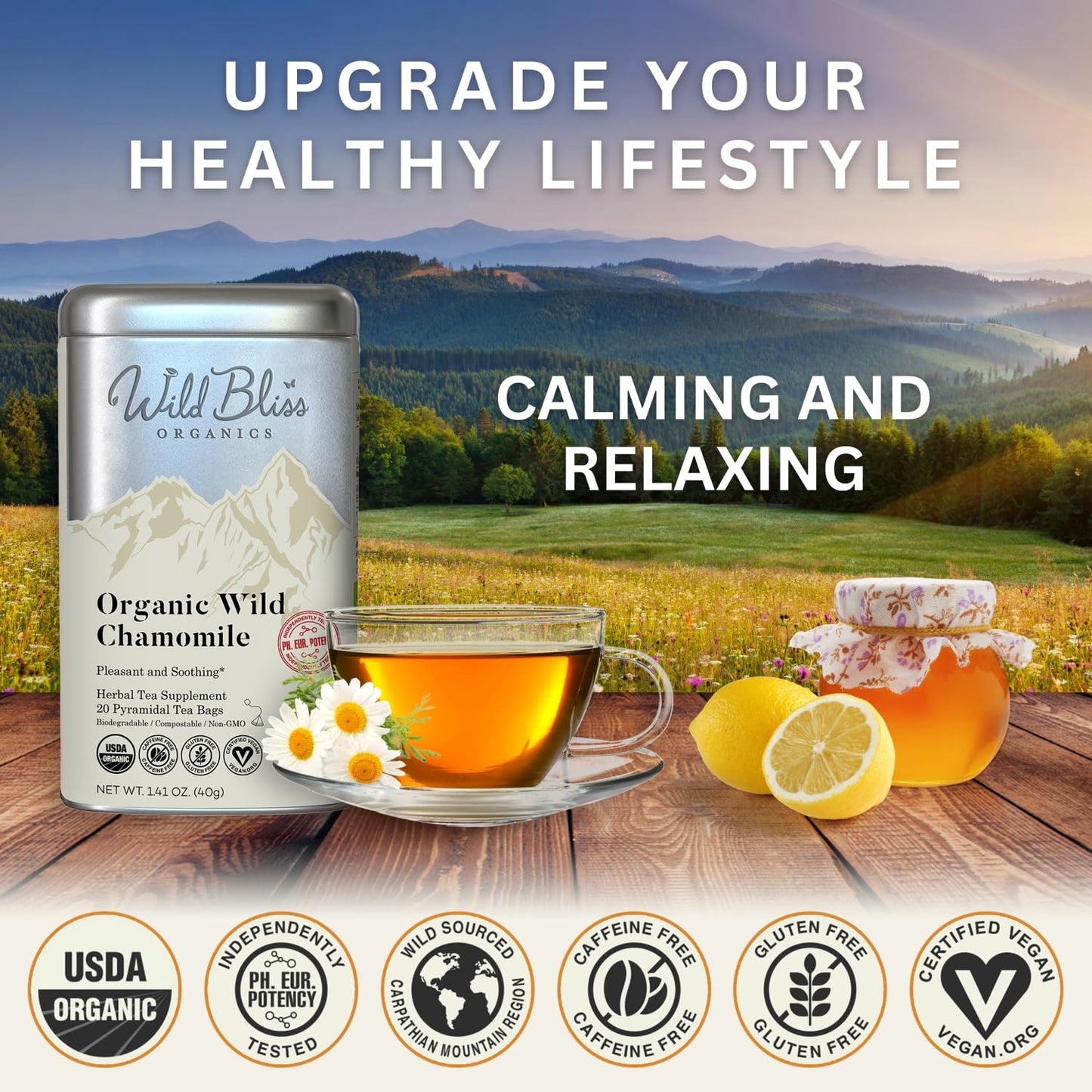 Wild Bliss Organic Chamomile Tea - Caffeine Free Calming Herbal Support - Pharmacopoeia Potency - 20 Plant Based Tea Bags