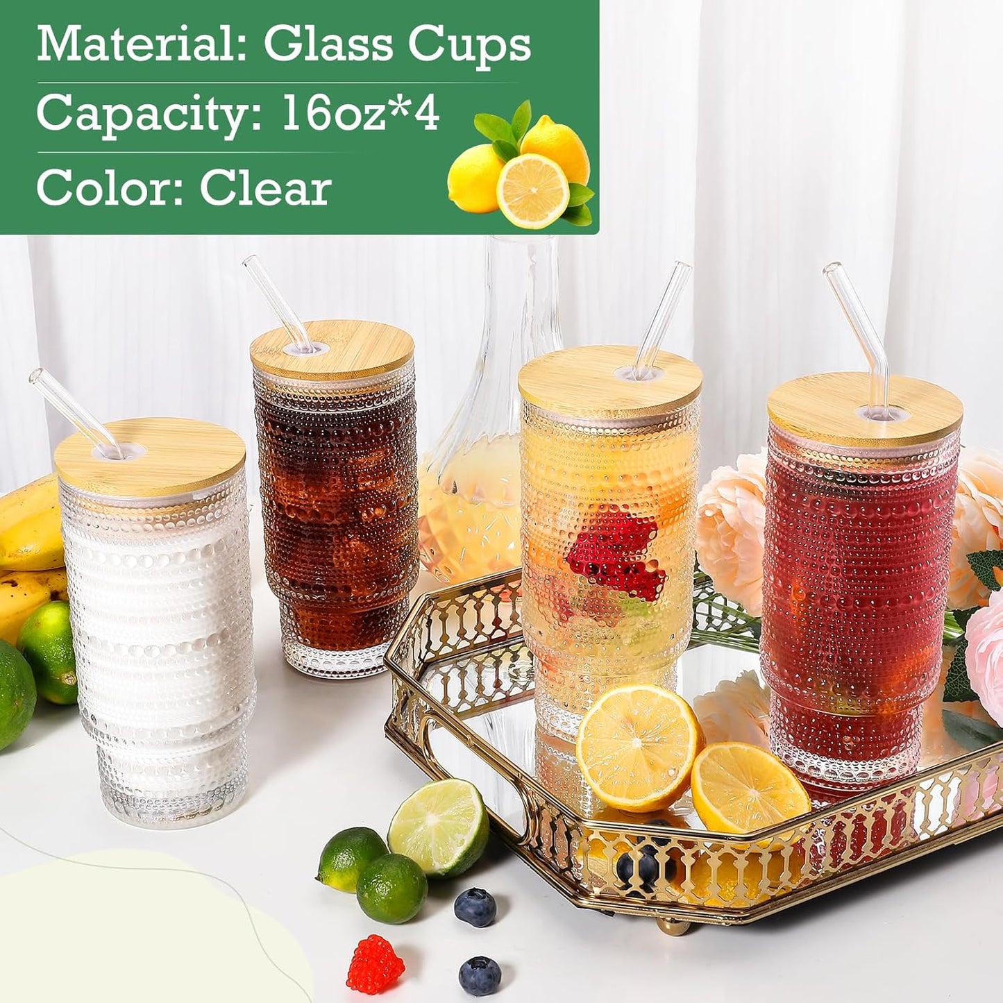 16 Oz Glass Cups with Lids and Straws, Vintage Embossed Glassware for Whiskey Cocktail Beer, Iced Coffee Cup with Lid, Glass Tumbler (4 PACK)