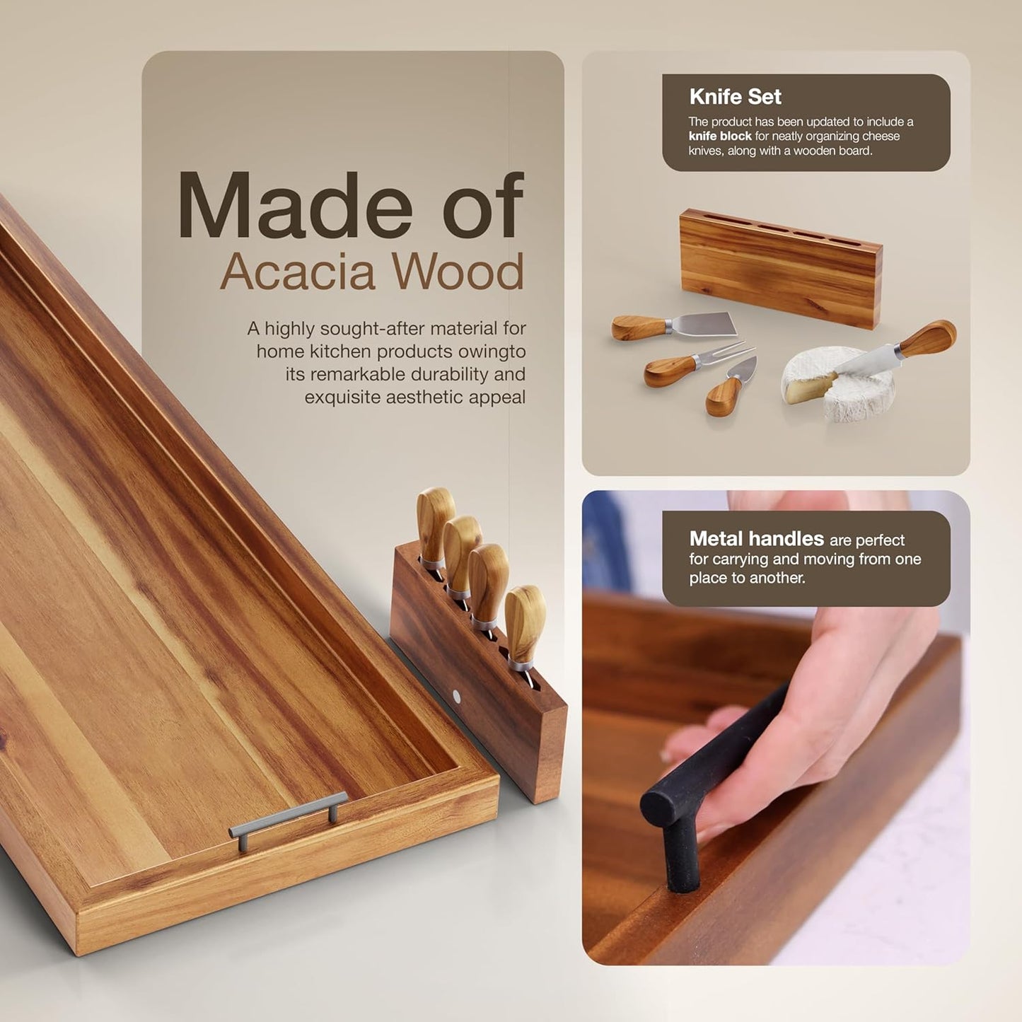 Acacia 36 Inch Large Charcuterie Boards for Party with Cheese Knife Set of 4 – Acacia Wood Serving Tray with Handles, Long Charcuterie Board, Wooden Cheese Board