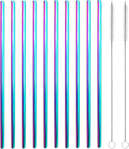 10 Pcs Stainless Steel Straws, Reusable Drinking Straws, Straight Metal Straw Sets with 2 Pcs Cleaning Brushes (10.5 Inch, Colorful)
