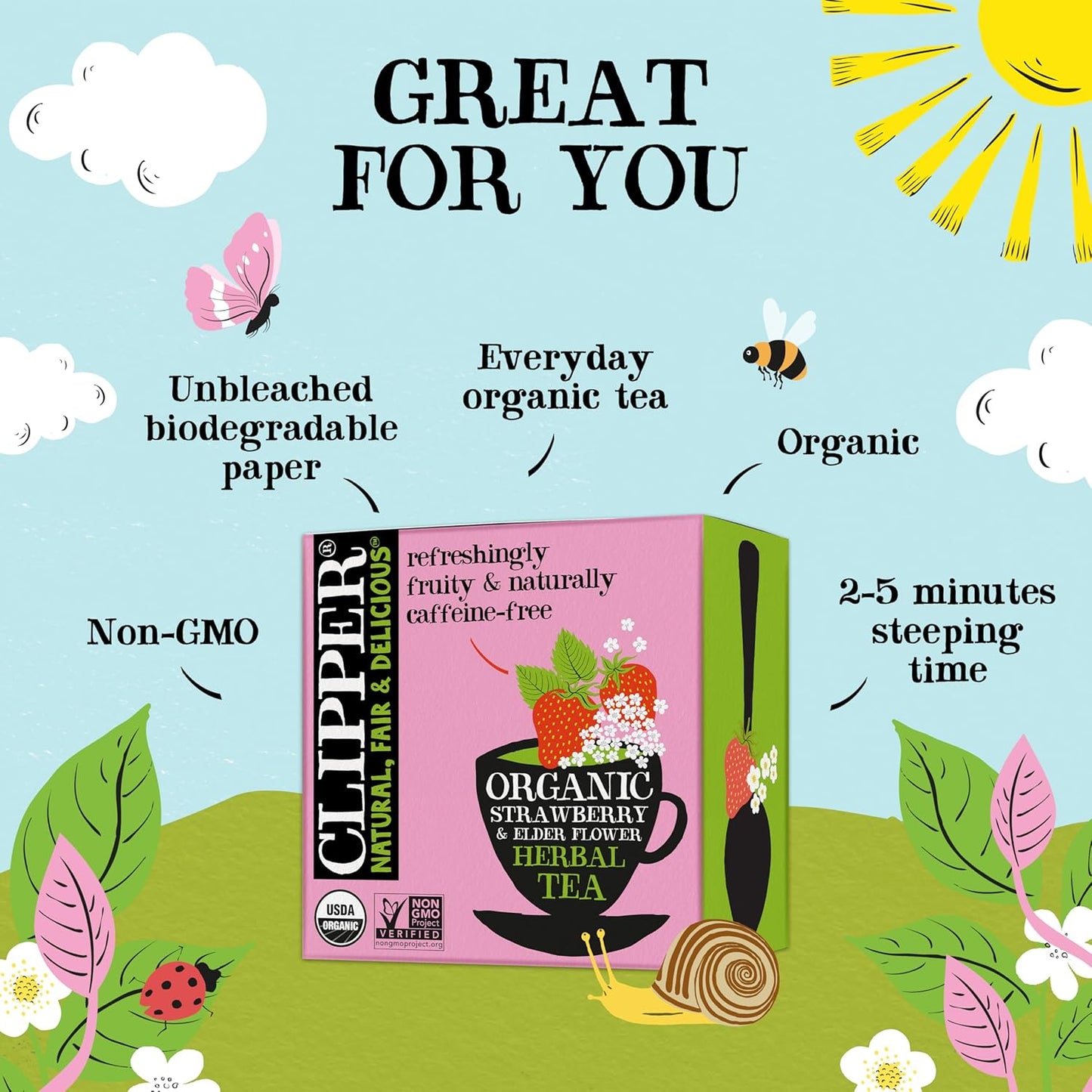 Clipper Tea Strawberry & Elderflower Herbal Tea – Caffeine Free, USDA Organic, Great Hot or Iced – Refreshingly Fruity, Natural, Fair & Delicious – 200 Tea Bags