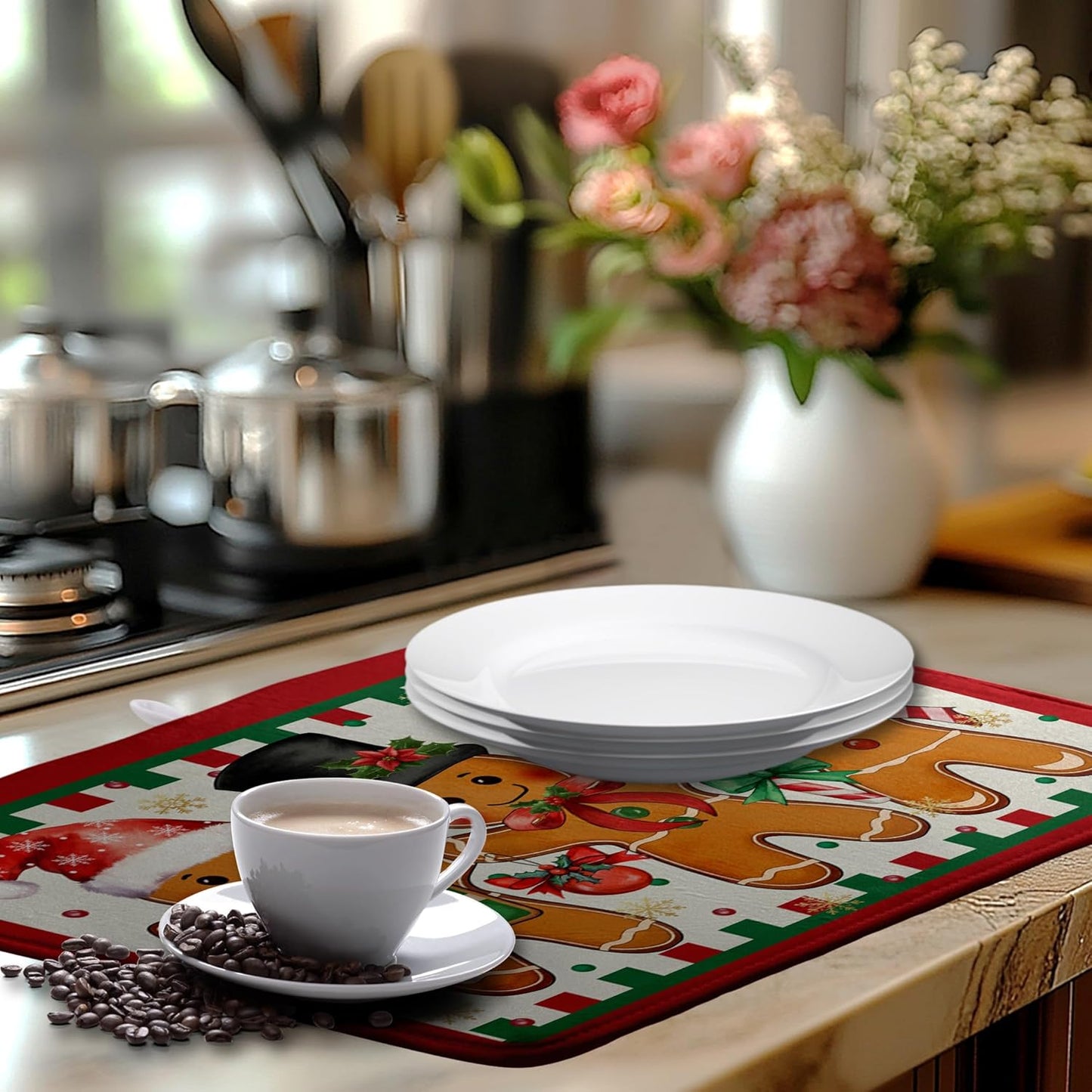 Christmas Gingerbread Man Dish Drying Mat Winter Large Kitchen Mats Dish Drying Pad Xmas Candy Absorbent Dish Dryer Mat for Kitchen Countertops Microfiber Drainer Pad Dish Drying Mats (18x24 in)