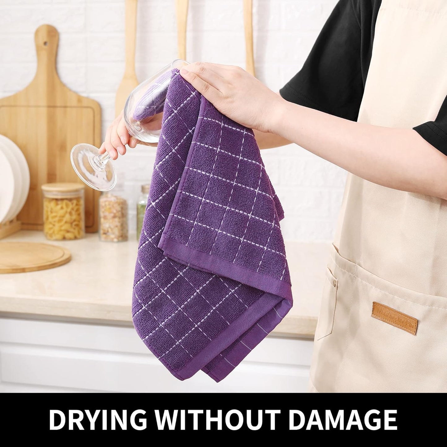 Homaxy 100% Cotton Terry Kitchen Towels(Purple, 13 x 28 inches), Checkered Designed, Soft and Super Absorbent Dish Towels, 4 Pack