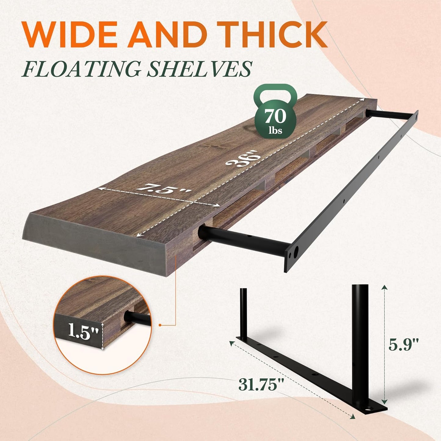 36" Acacia Live Edge Floating Shelves Set of 2 - Wall Mounted Wooden Shelf for Stylish Home Décor - Dark Walnut Color 36x7.5x1.5 Inches