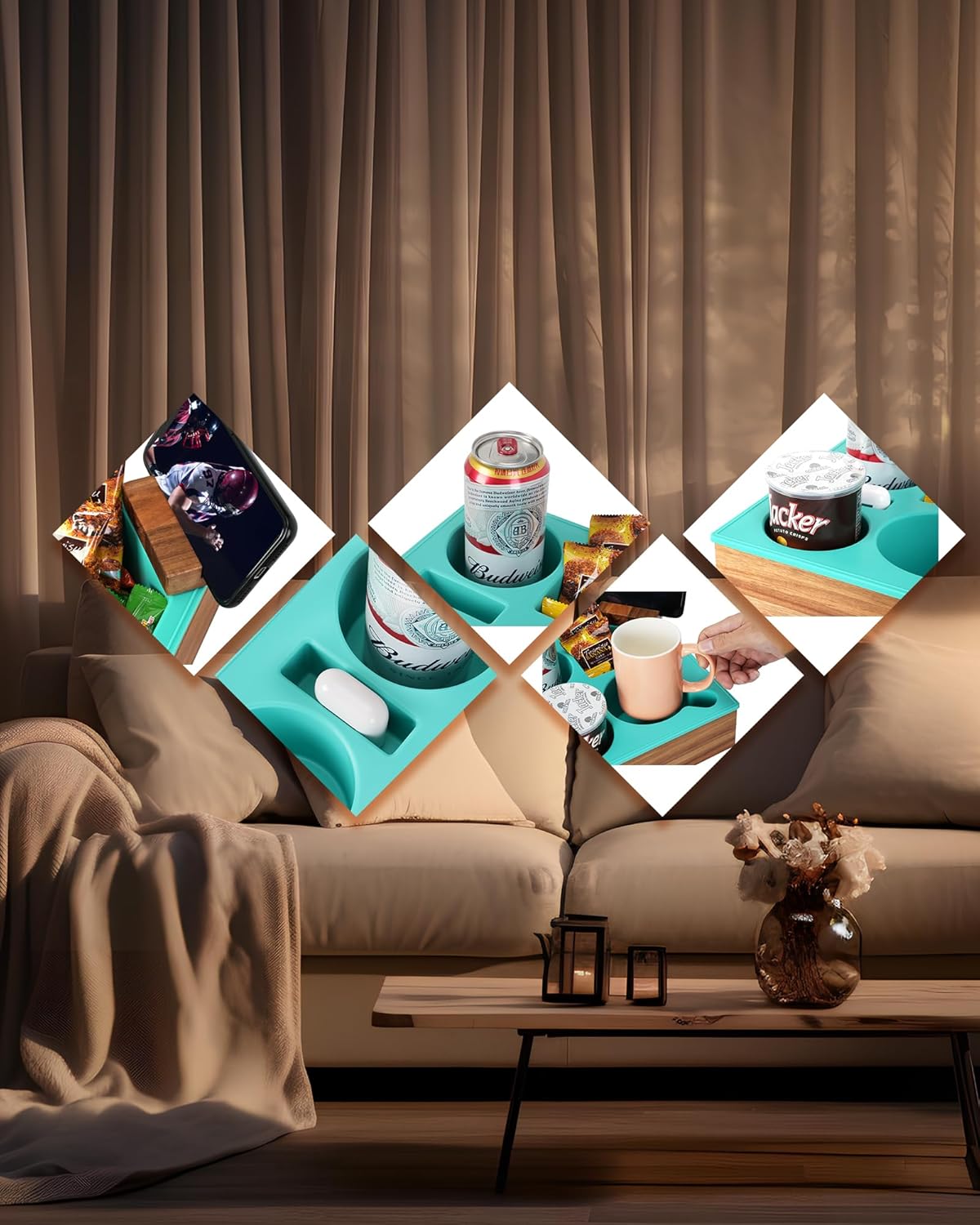 Couch Cup Holder Tray, Handy Soft Silicone Acacia Wooden Couch Caddy for Bed Car Seat Beach Organizer, Waterproof Anti-spill Couch Drink Holder for Snacks Beverage Remote (Gray)