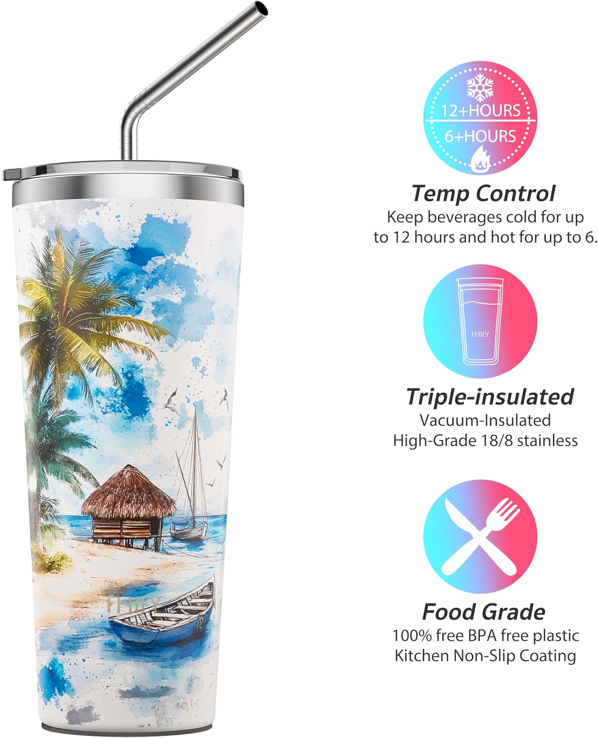 THILY Vacuum Insulated Stainless Steel Tumbler Travel Mug 26 oz Coffee Cup with 2 Lids and Straws, Splash Proof, Reusable, Keep Iced Drinks Cold, Coastal Breeze
