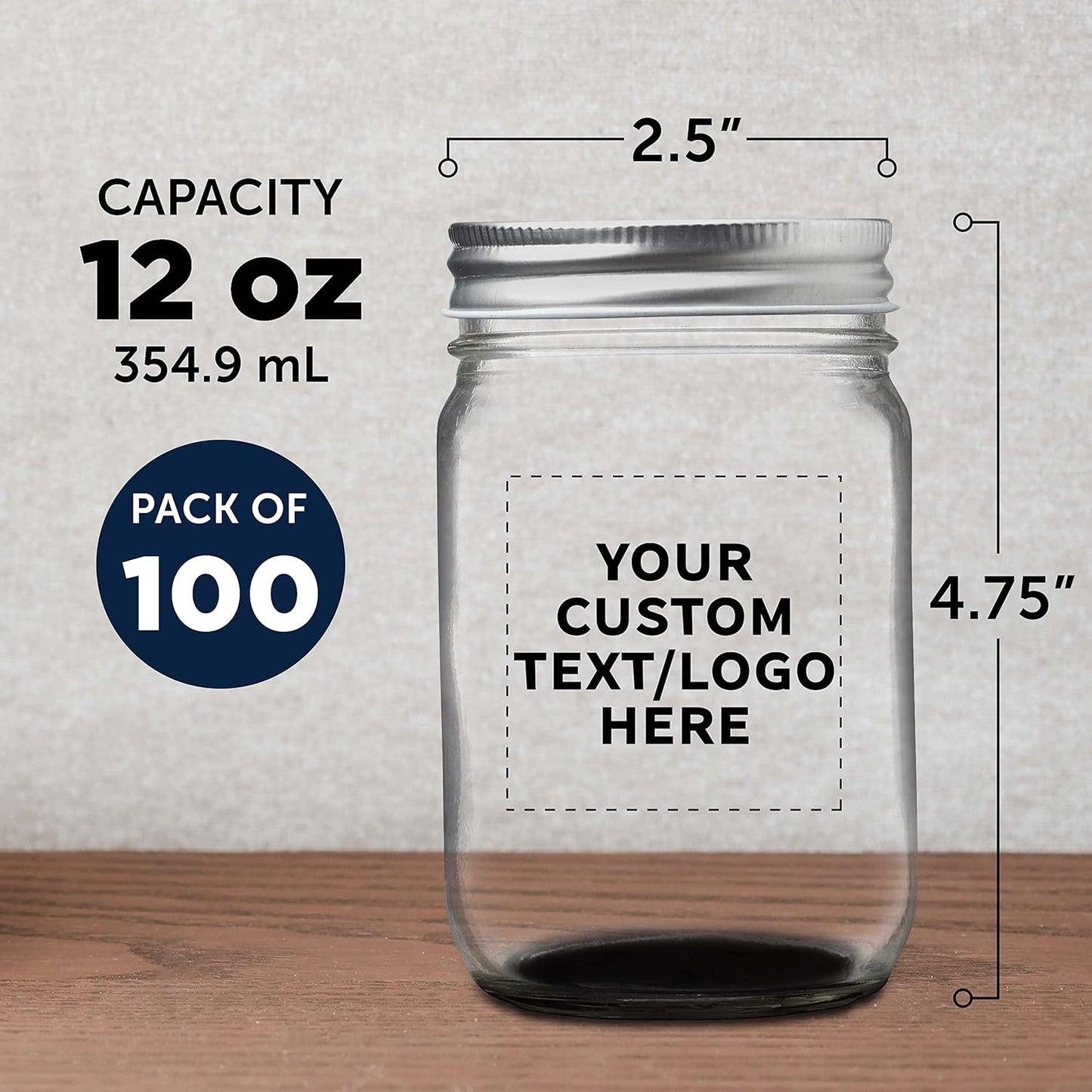 DISCOUNT PROMOS 100 Decorating Mason Jars Set, 12 oz. - Customizable Text, Logo - Canning, Aluminum Lid - Black
