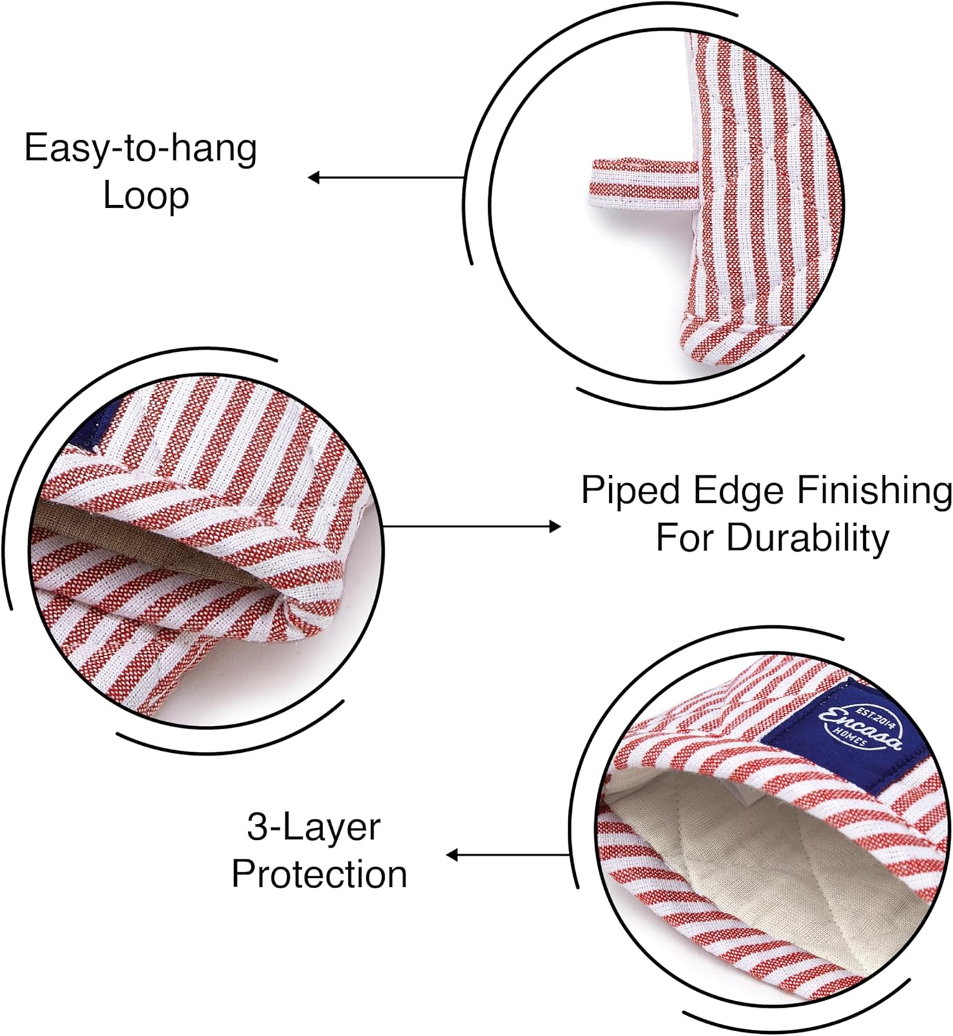 Encasa Homes Long 12"x7" Oven Microwave Hand Gloves Mitts (2 pc Set) for Kitchen Cooking & Baking - Heat Resistant, Thick & Safe, Protection of Hands from Hot Utensils - Ticking Red