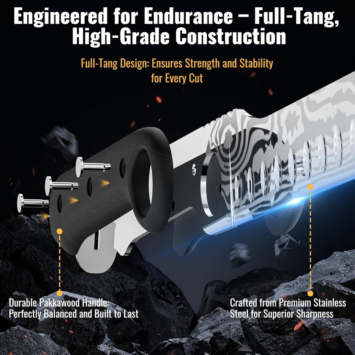 12-Inch Slicing Carving Knife with Unique Grip Ring & Non-slip Serrated Spine | Ultra-Sharp High-Carbon Stainless Steel Blade & Damascus Pattern for Brisket Meat Cutting | Pakka Wood Handle