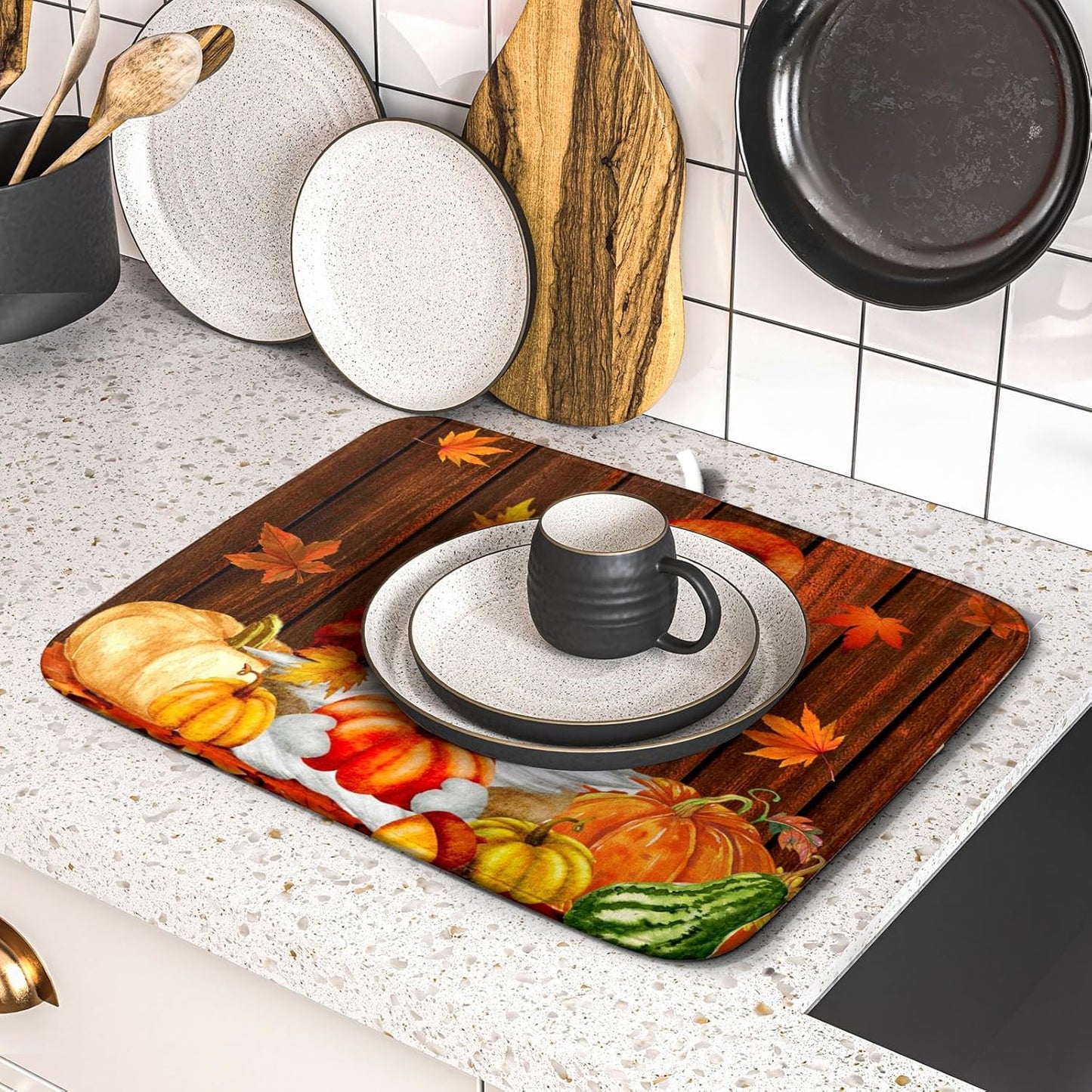 Fall Gnome Dish Drying Mat for Kitchen Counter,Autumn Pumpkin Maple Leaves Drying Mat 16 x 18 Inch Microfiber Dark Brown Wood Dish Drying Pad Dish Rack Drainer Mat Thanksgiving Day Decor