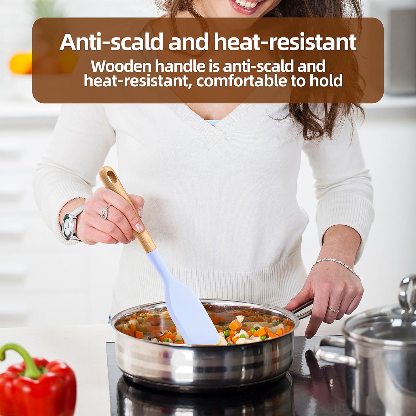 Wooden Handle Silicone Rubber Spatula Set for Kitchen Baking, Cooking, and Mixing High Heat Resistant Non Stick Dishwasher Safe BPA-Free Black+blue Set of 2 (Wooden handle spatula-Two-color)