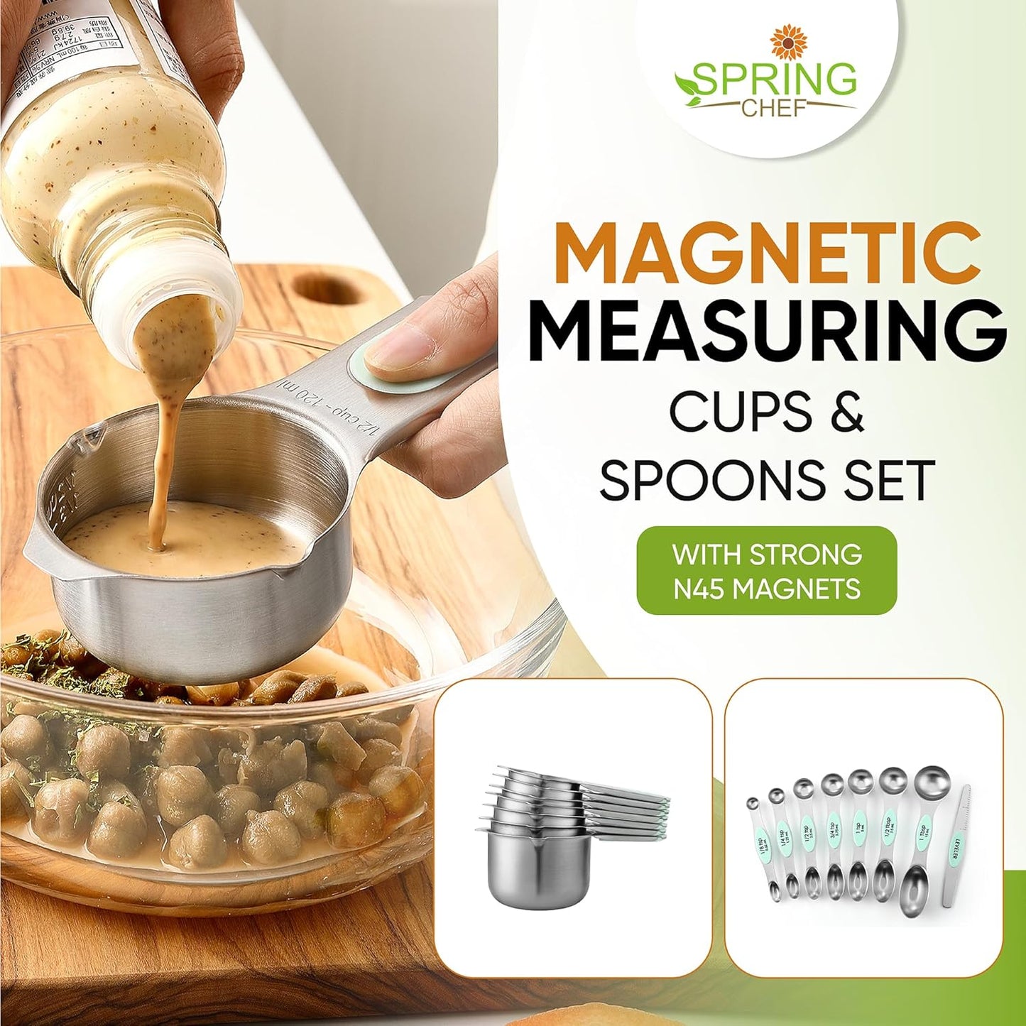 Spring Chef Magnetic Measuring Cups & Spoons Set (Patent Pending), Strong N45 Magnets, Heavy Duty Stainless Steel Fits in Spice Jars for Baking & Cooking, BPA Free, Round Set of 15 with Leveler, Mint