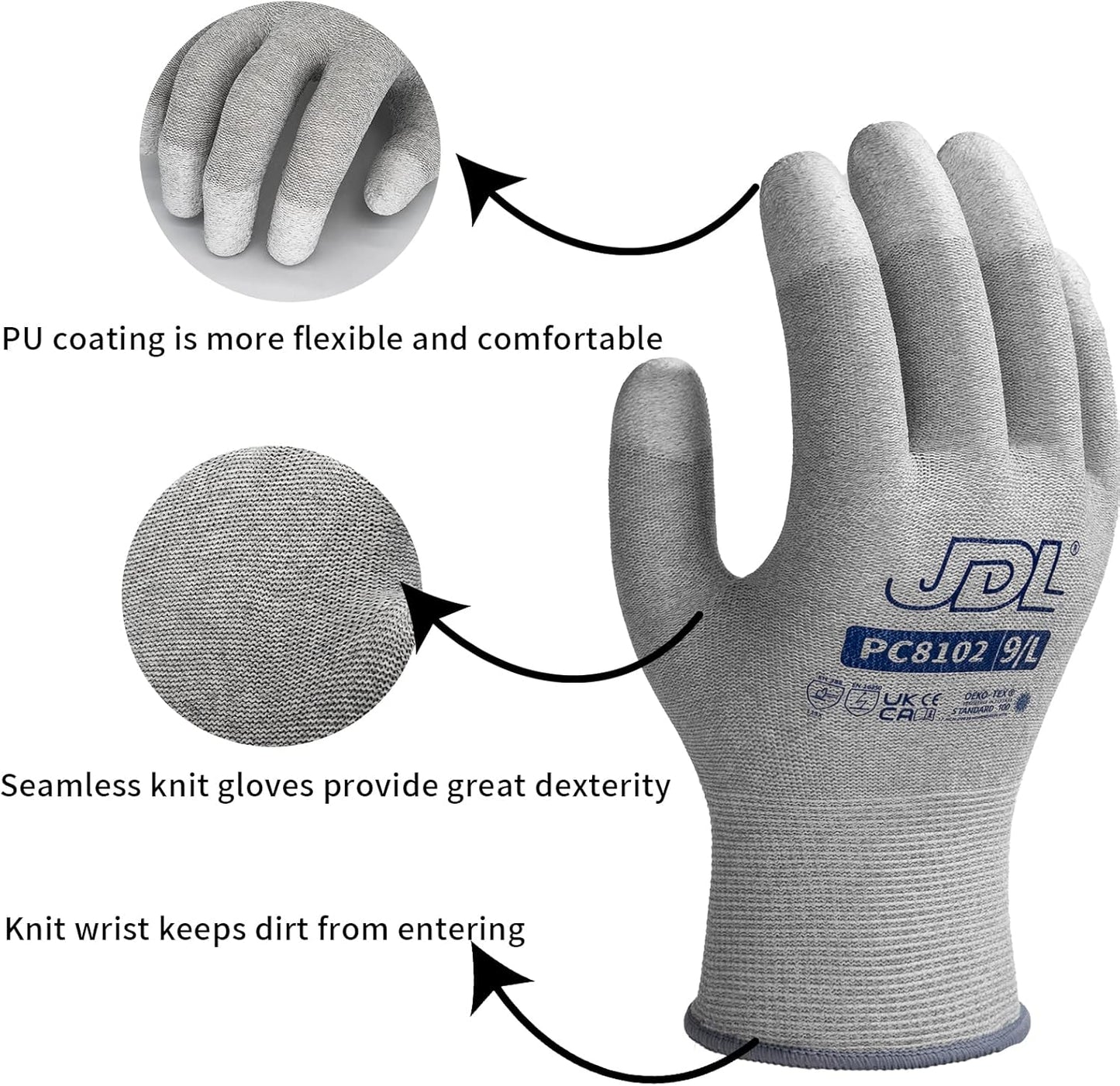 JDL ESD Work Gloves, Anti-Static Gloves for PC Building, 36 pairs, Computer Installation & Repair, High Resistance Carbon Fiber Gloves, Medium