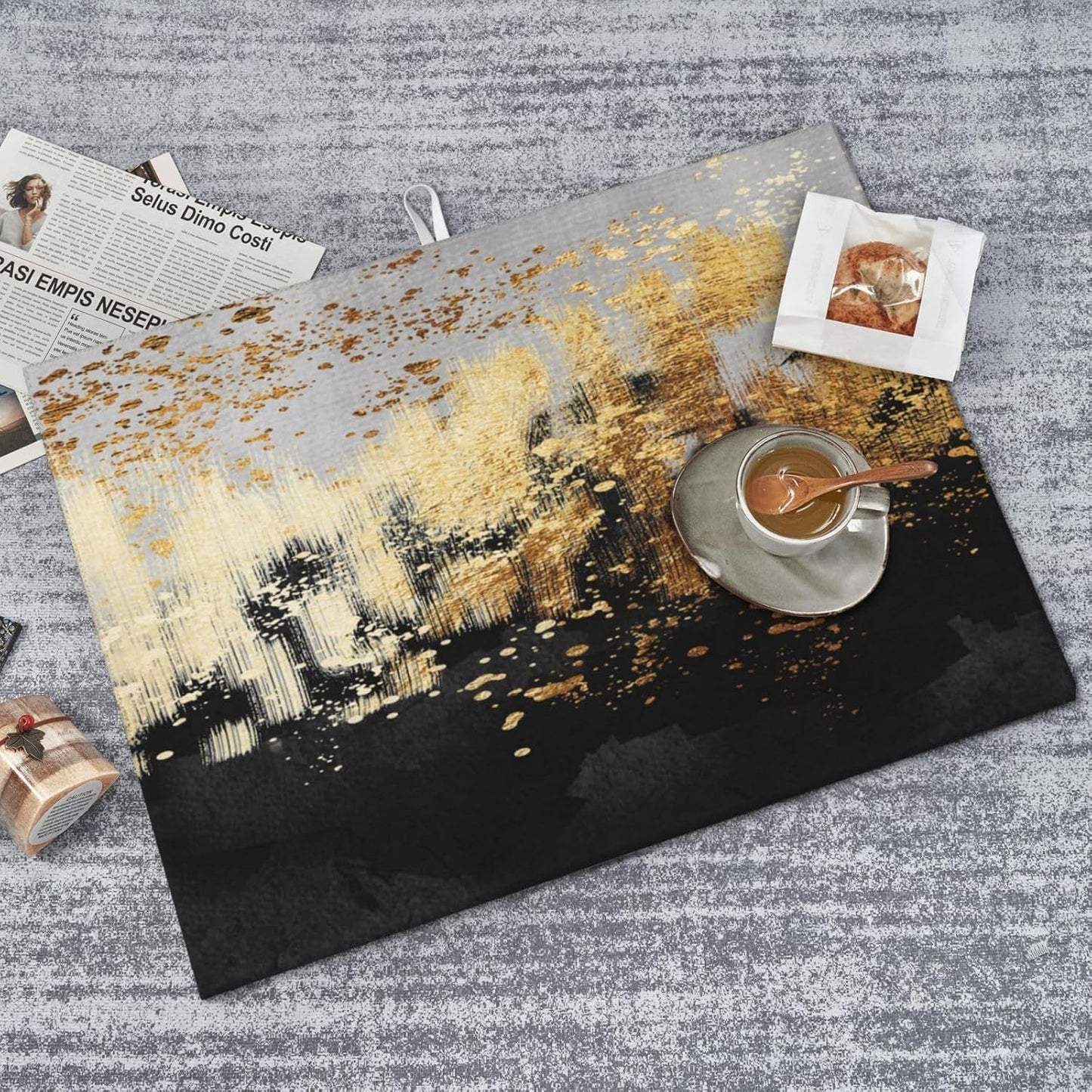 Black Gold Art Splash Dish Drying Mat for Kitchen Counter, Absorbent Microfiber Abstract Modern Drying Pad, Luxury Decorative Foldable Kitchen Mat for Sink & Coffee Bar, Black Home Decor, 18 x 24 inch