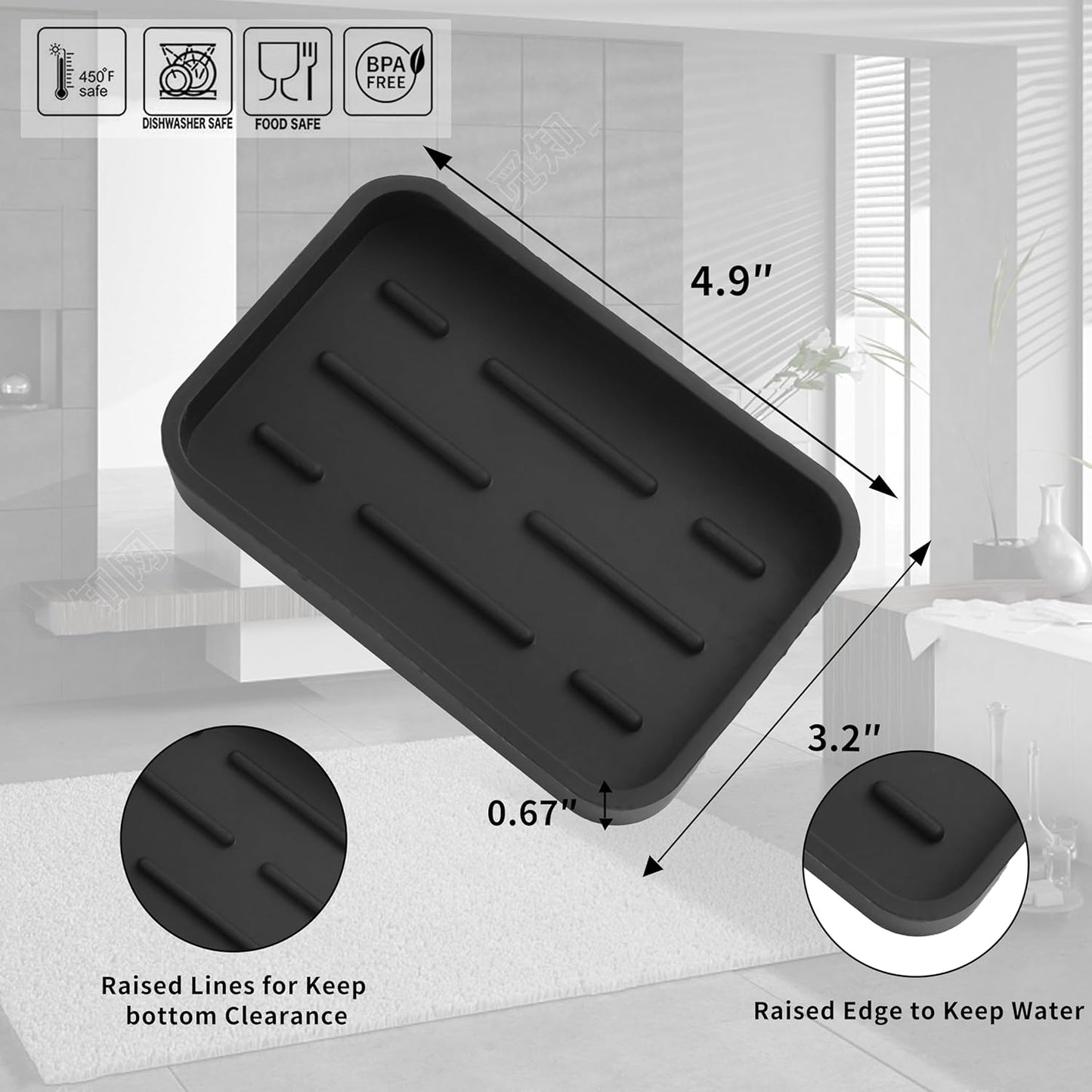 Silicone Kitchen Sink Organizer Tray for Multiple Usage,Easy Clean Sponges Holder for Kitchen Bathroom Counter or Sink,Dish Soap Dispenser,Scrubber,Bottle,Cup Black 4.9”x 3.2”