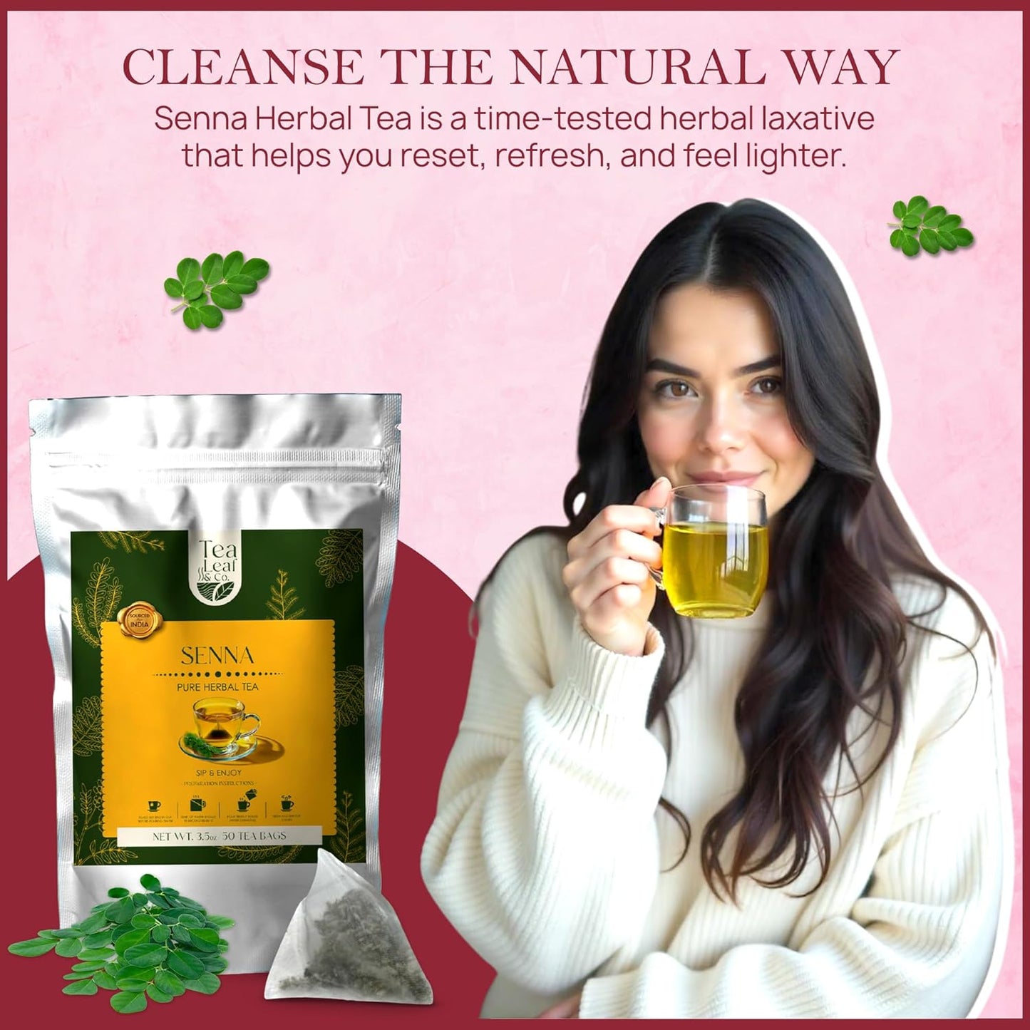 Tealeaf & Co. Senna Tea Blended with Fresh Herbs - Pure Herbal Tea Bags with Senna Leaves Extract - Flavored Herbal Blend - Low Caffeine - Gluten Free - 50 Teabags