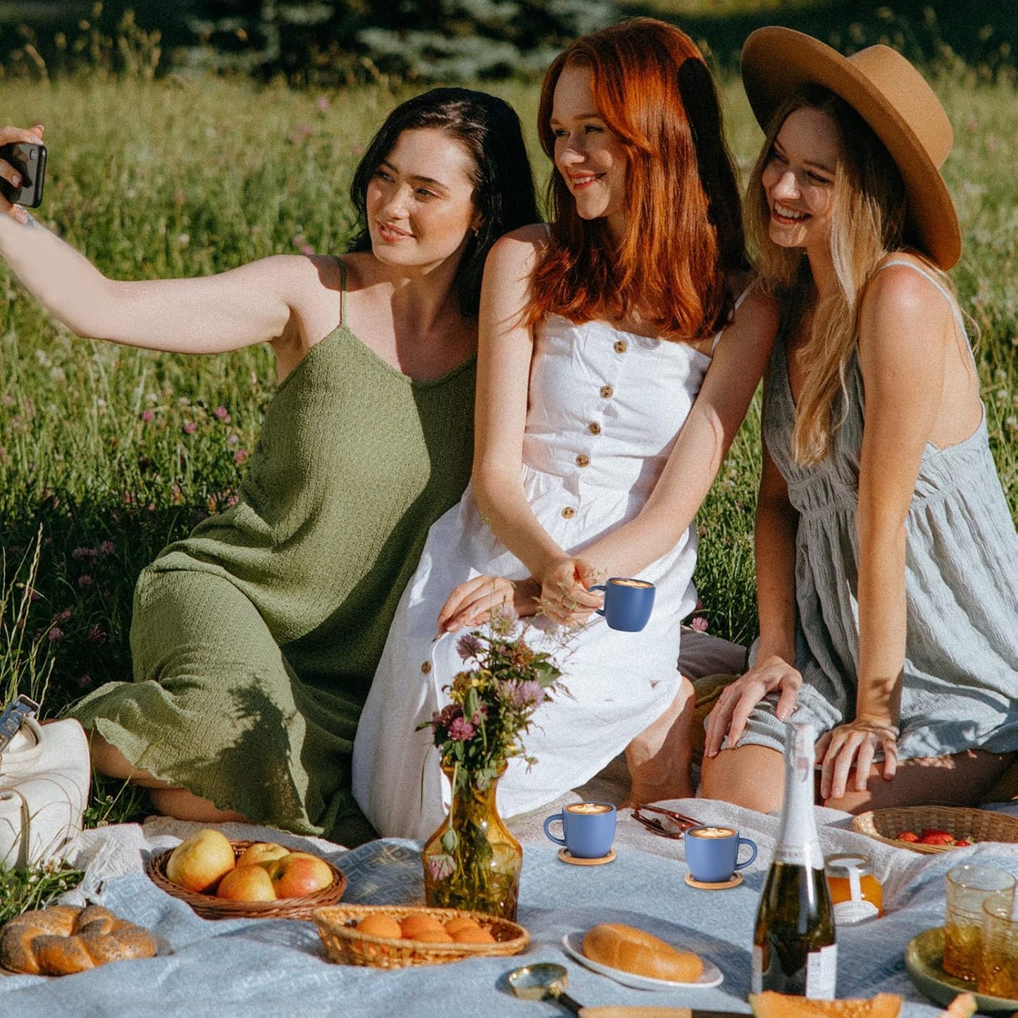 Hasense Espresso Cups and Saucers Set of 6, Demitasse Cups with Handle for Coffee Drinks, Latte, Cappuccino, Cafe Mocha and Tea, 4 Ounce Porcelain Coffee Cups for Coffee Bar Home and Party, Blue