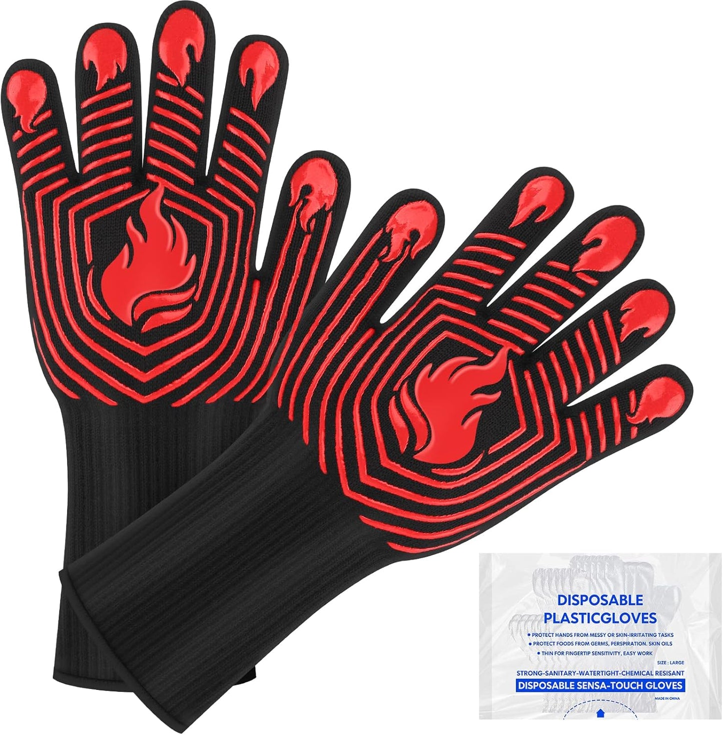 BBQ Gloves, 1472°F Heat Resistant Gloves Fireproof Mitts，Grilling Gloves Silicone Non-Slip Washable Oven Gloves, Kitchen Gloves for Barbecue, Grilling, Cooking, Baking, Camping, Smoker (Red)
