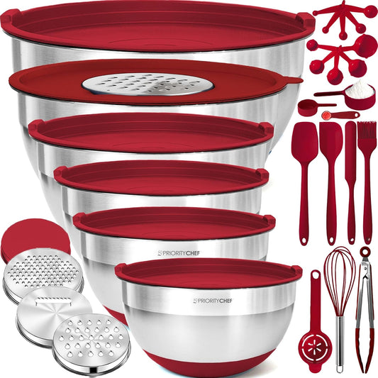 Priority Chef Stainless Steel Mixing Bowls with Lids Set - Premium 30Pcs with 6pc Metal Bowl Set for Kitchen, 3 Graters, Airtight Lids, Non-Slip Bases & Silicone Utensils, Red