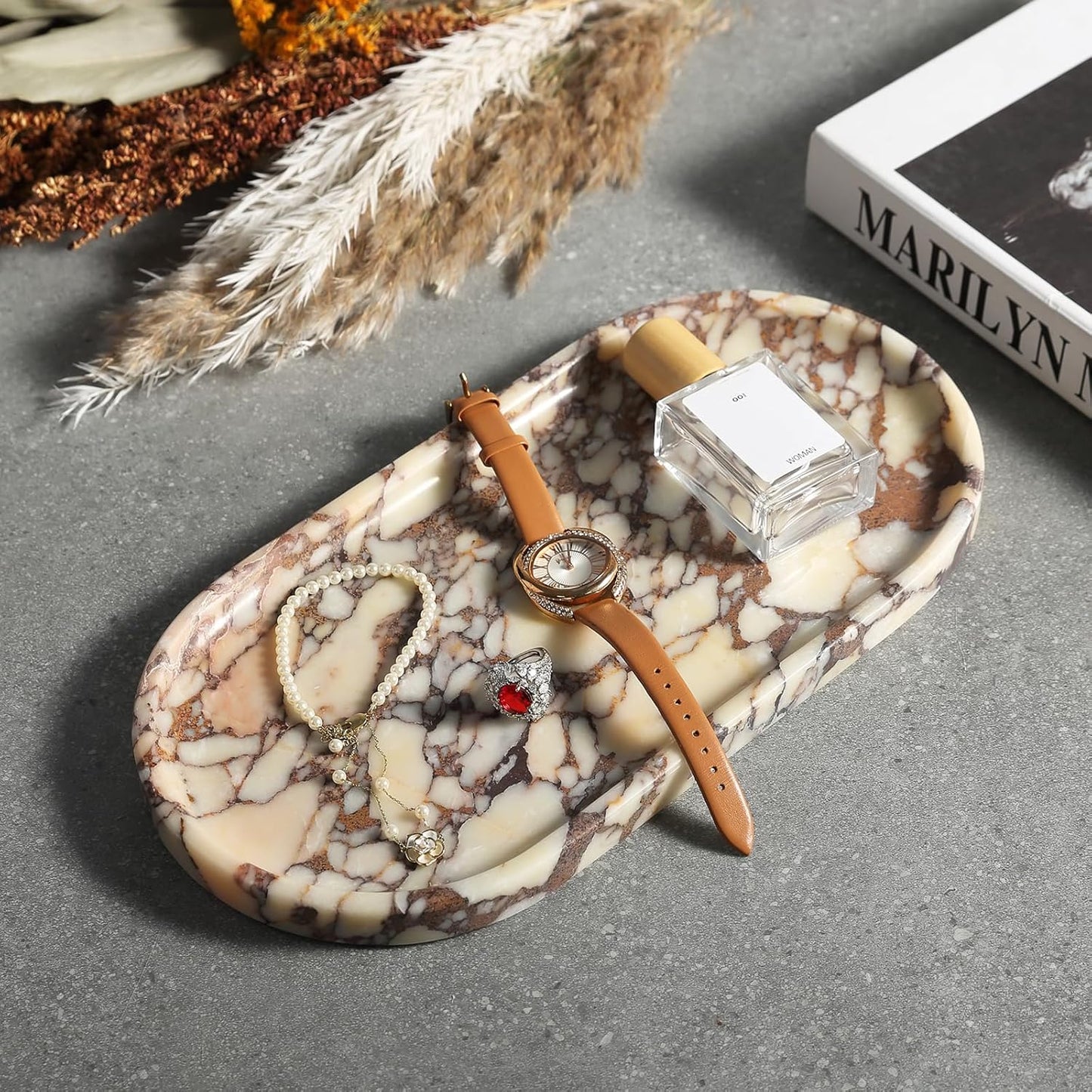 Koville Natural Decorative Marble Bathroom Tray, 12"x6" Calacatta Viola Marble Catchall Tray for Bathroom, Stone Perfume Trays Jewelry Dish for Dresser, Stone Storage Trays for Home Decor