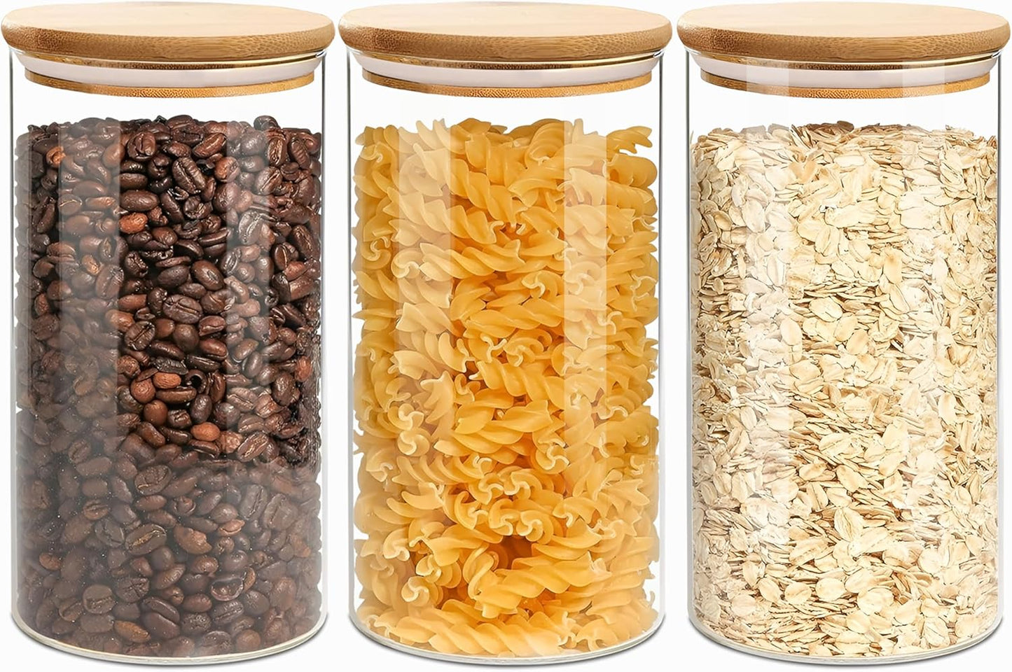40oz Round Glass Storage Containers with Lids, Clear Food Storage Container Jar with Sealing Bamboo Lid for Noodles Flour Cereal Rice Sugar Tea Coffee Beans, Round Set of 3
