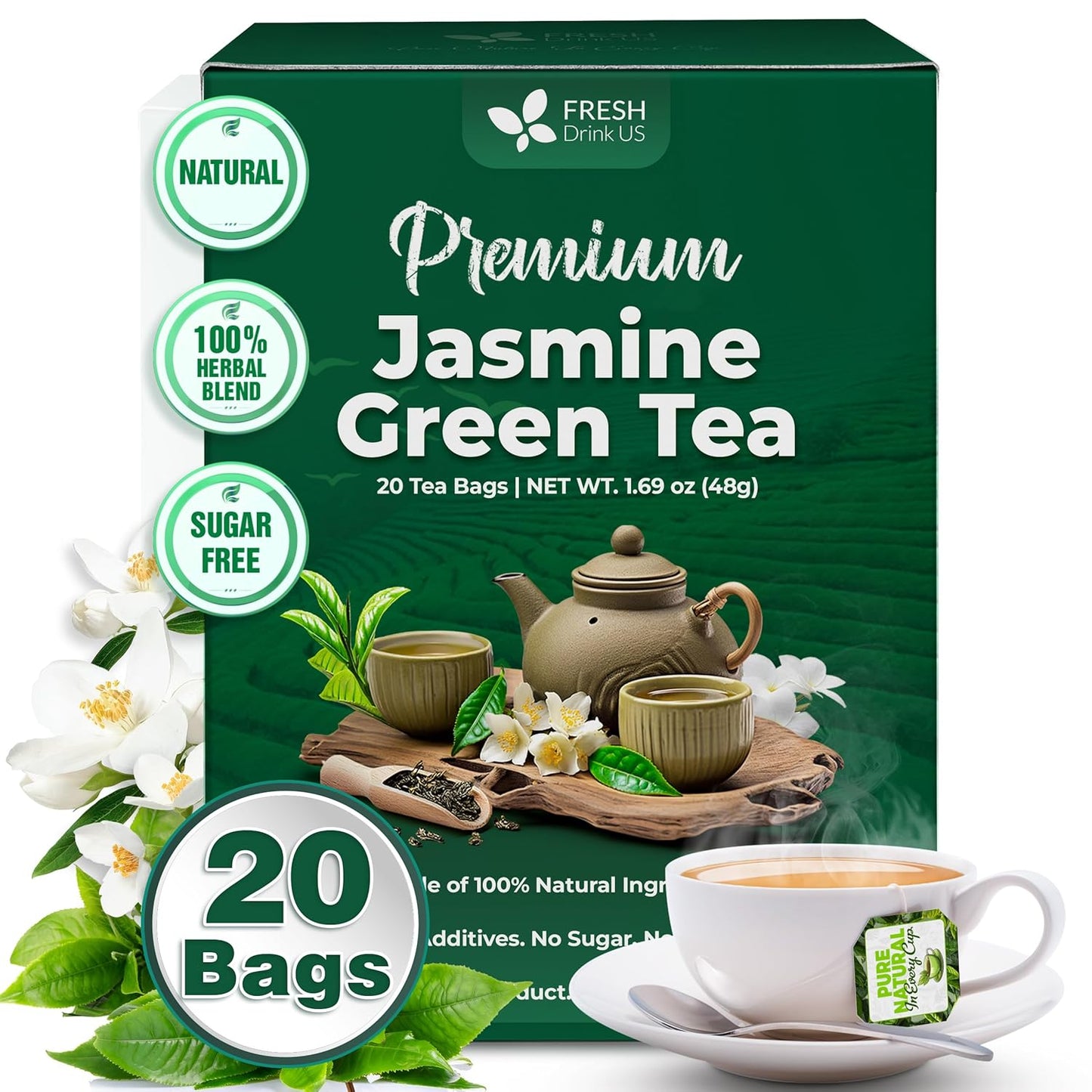 FreshDrinkUS, Premium 20 Tea Bags of Jasmine Green Tea, 100% Natural. Exquisite Flavor, Handpicked Leaves, Perfect for Tea Lovers. No Sugar, No Gluten, Vegan.