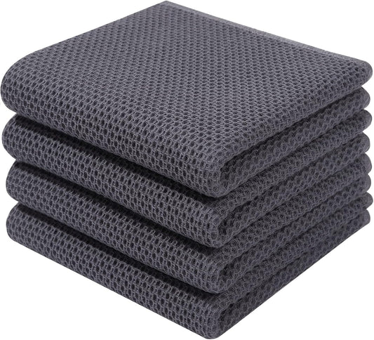 Homaxy 100% Cotton Waffle Weave Kitchen Dish Towels, Ultra Soft Absorbent Quick Drying Cleaning Towel, 13 x 28 Inches, 4-Pack, Dark Grey