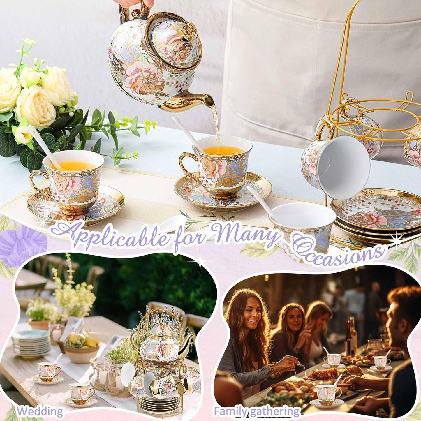 Zhehao 20 Pcs Porcelain Tea Set with Metal Holder and Spoon Adult Ceramic Tea Party Set European Flower Painting Teapot Cup Saucer Spoon Set for Women, Large Version(Rustic Style)