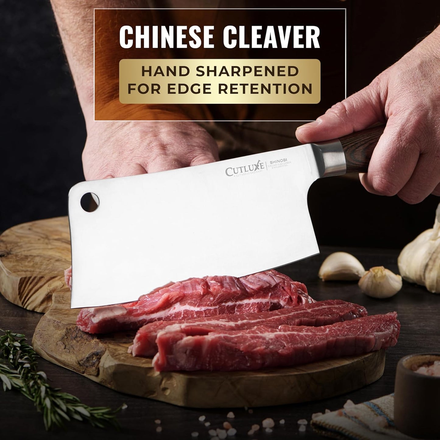 Cutluxe Meat Cleaver Knife – Ultra Sharp 7" Meat Cleaver, Butcher Knife, High Carbon Stainless Steel Blade, Full Tang Pakkawood Handle – Shinobi Series