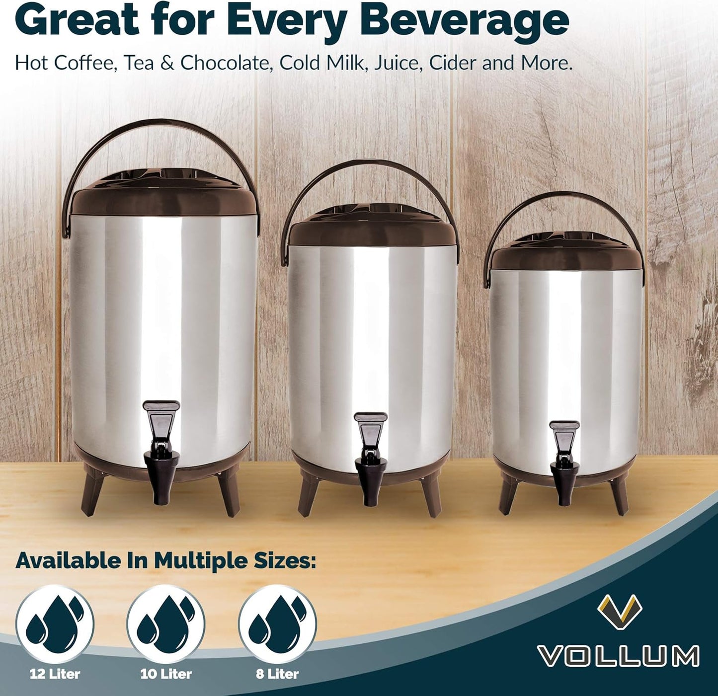 Stainless Steel Insulated Beverage Dispenser – Insulated Thermal Hot and Cold Coffee Carafe – 12 Liter Drink Dispenser with Spigot for Hot Water, Tea & Coffee, Cold Milk, Juice & More BROWN