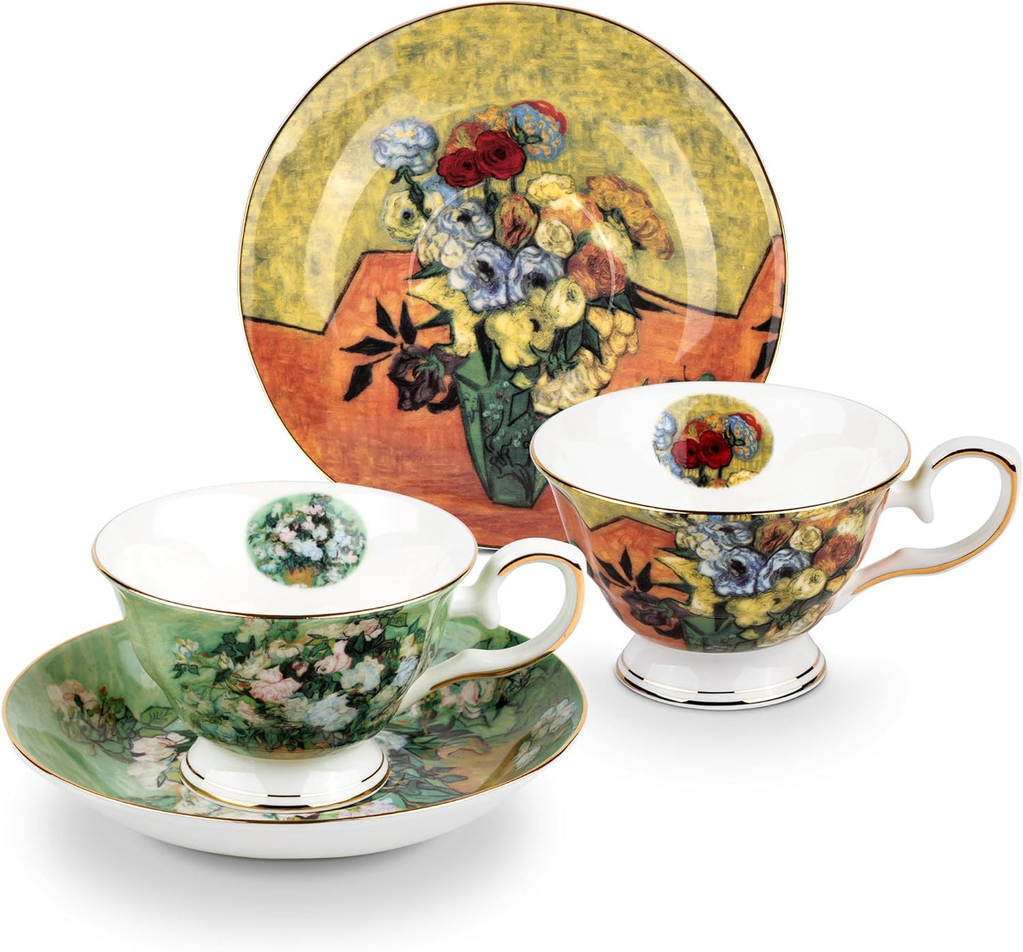 Floral Tea Cups Saucers Set of 2, Van Gogh Paintings Bone China 7 oz British Teacups Porcelain Tea Cups Coffee for Rose Teacups Cappuccino Espresso Latte (White Roses & Flowers Vase)