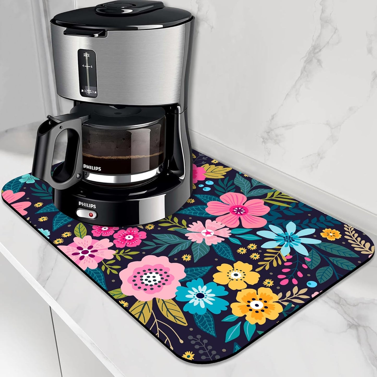 Dish Drying Mat Bright Colorful Flowers Leaves Coffee Mat,16"X24" Bsorbent Dish Drying Pad for Sink Dishes or Under Rack Kitchen Counter Accessories Absorbent Hide Backed Drying Mat