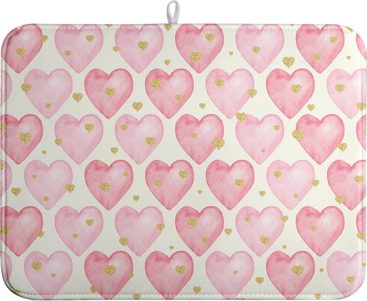 Valentines Dish Drying Mat Valentine Dishes Drying Pad Pink Golden Heart Love Absorbent Dish Dryer Matt for Kitchen Countertops Microfiber 18x24 Inches