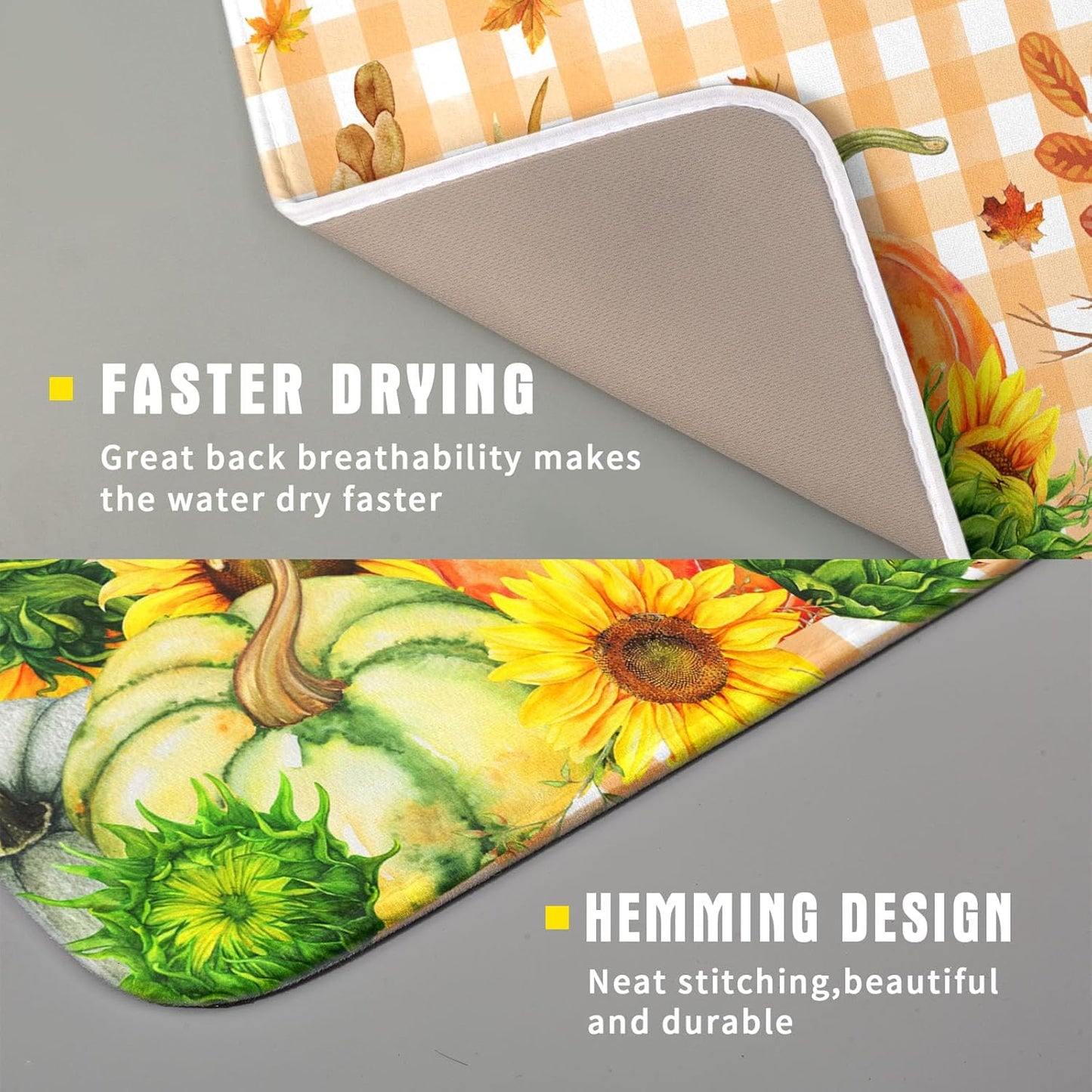 Autumn Maple Leaf Orange White Check Plaids Dish Drying Mat for Kitchen Counter,Fall Sunflower Pumpkin Drying Mat 16 x 18 Inch with Absorbent Reversible Microfiber Dish Drying Pad for Coffee Bar