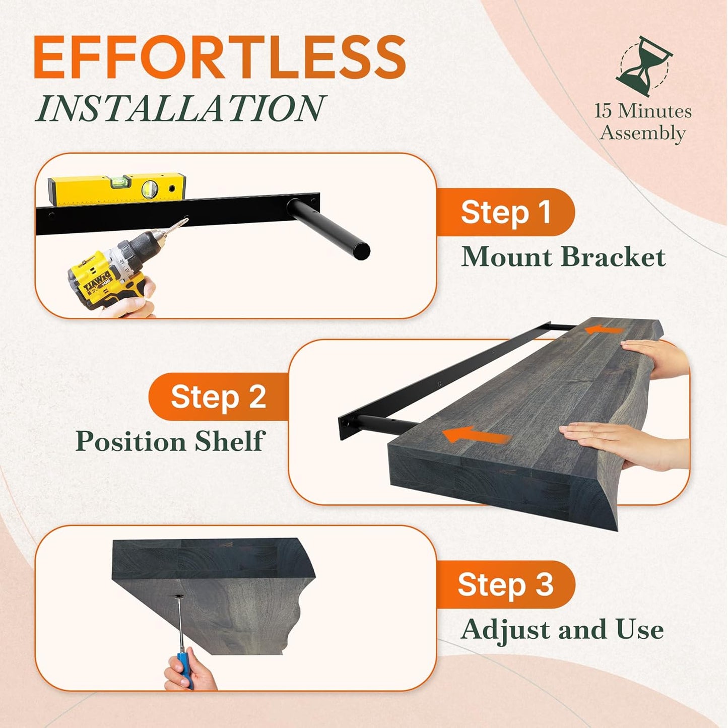 24" Acacia Live Edge Floating Shelves Set of 2 - Wall Mounted Wooden Shelf for Stylish Home Décor - Mocha Color 24x7.5x1.5 Inches