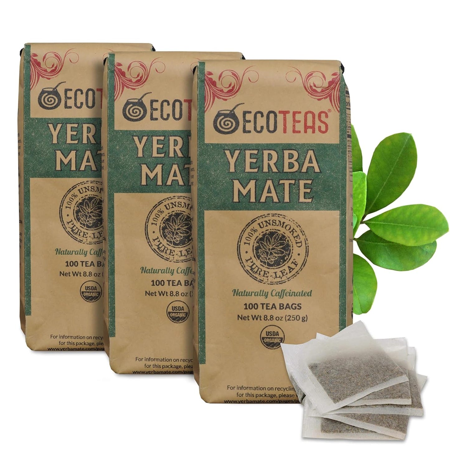 ECOTEAS PremiumOrganic Yerba Mate Tea Bags – Natural Energy & Detox Herbal Tea – Coffee Alternative - Kosher, Non-GMO, Gluten-Free - 100 Unsmoked Bulk Bags, 8.8 oz (Pack of 3)