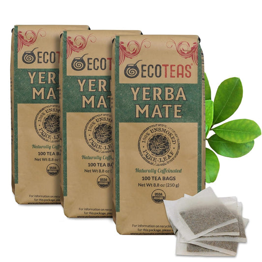 ECOTEAS PremiumOrganic Yerba Mate Tea Bags – Natural Energy & Detox Herbal Tea – Coffee Alternative - Kosher, Non-GMO, Gluten-Free - 100 Unsmoked Bulk Bags, 8.8 oz (Pack of 3)