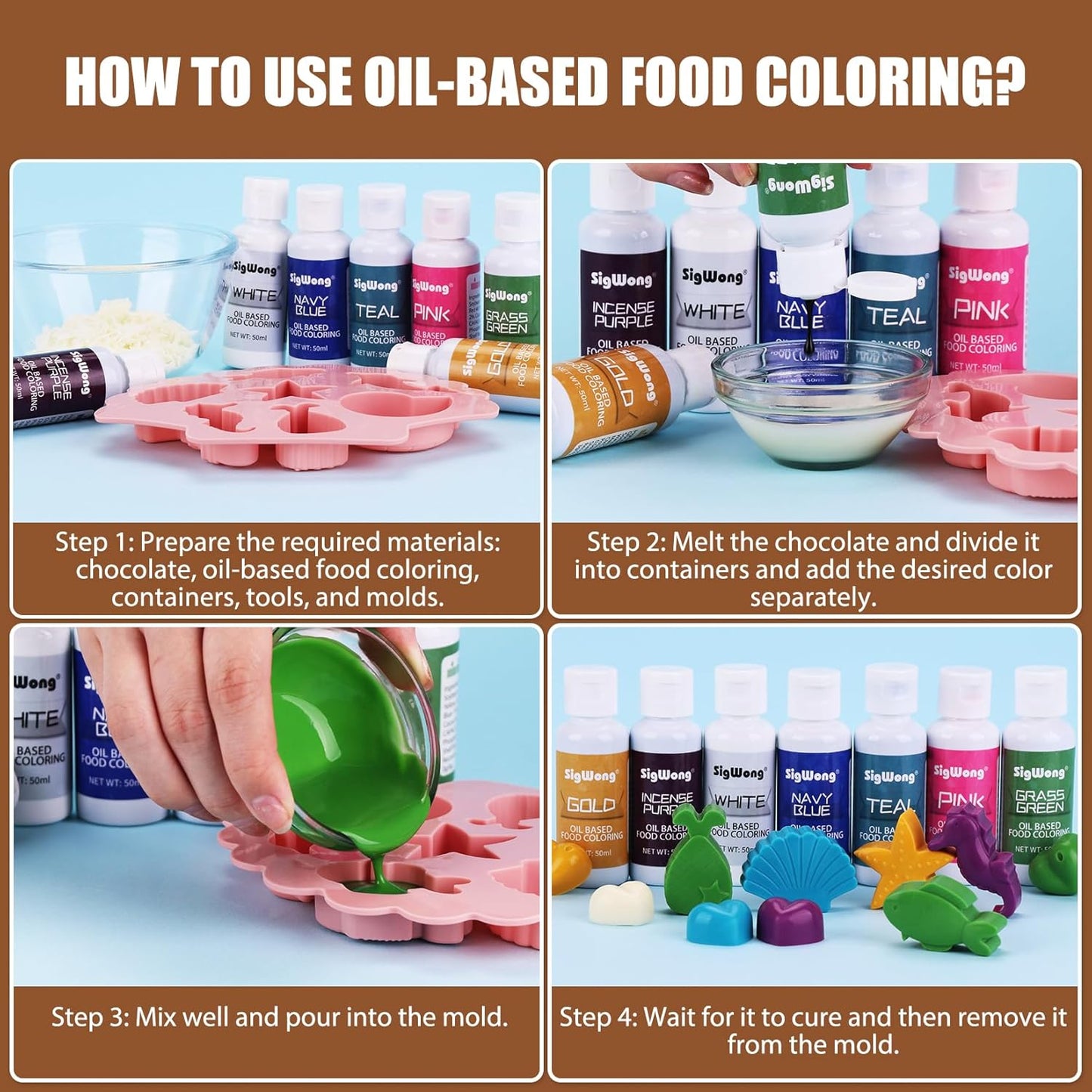 Oil Based Food Coloring for Chocolate - 50ml Brown Upgraded Edible Oil Based Food Dye for Cake Decorating, Baking, Candy Melts, Cookie, Icing Frosting, Fondant, Meringues - 1.69 Fl.Oz Bottles