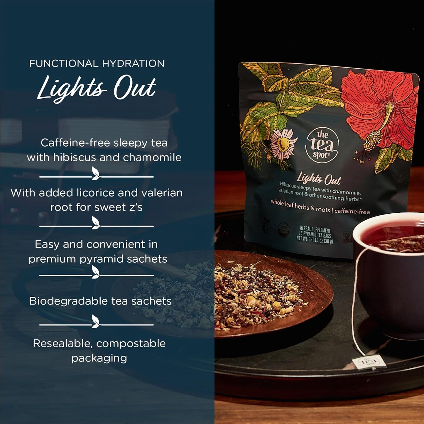 The Tea Spot Organic Lights Out Tea with Valerian Root Relaxation | Blend of Hibiscus, Peppermint, Chamomile, Lavender, Licorice Root & Valerian Root | Caffeine-Free 15 Tea Bags, Pack of 1