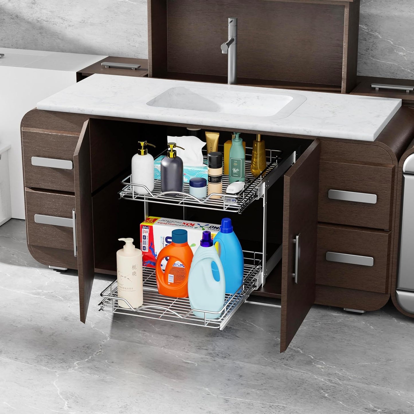 HOLDN’ STORAGE Two Tier Pull Out Cabinet Organizer, Individual Sliding Drawers - Heavy Duty Metal with Lifetime Limited Warranty - Anti Rust Chrome Finish - 30" W x 21”D x 16.5" H