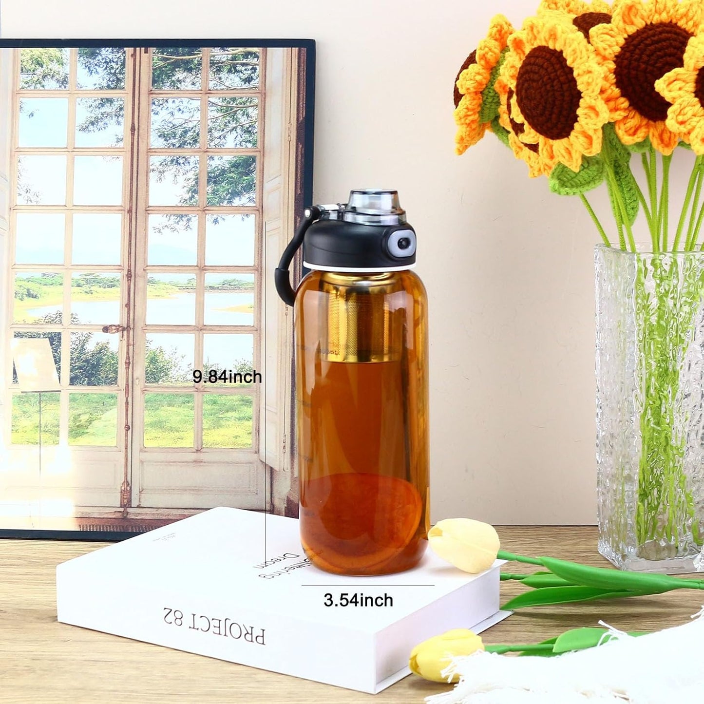 34oz tea bottle with infuser - Large Capacity Glass Water Bottle, With Time Mark, Stainless Steel Tea Strainer,Sleeve, BPA Free,For hot or cold drinks, coffee, tea and water