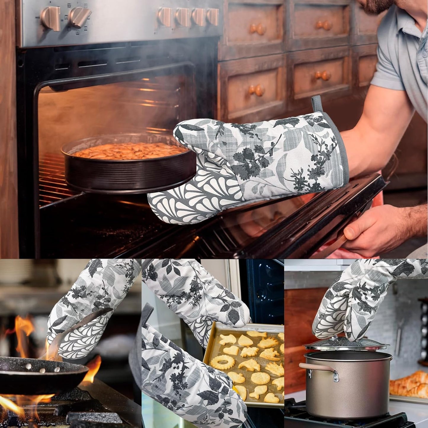 Thumb Oven Mitts, Heat and Slip Resistant Silicone Kitchen Mittens 2-Pack Set, Foliage Textured Flower Soft Long Oven Gloves, Flexible Thick Potholders for Safe Baking Cooking and Gr (Grayish)