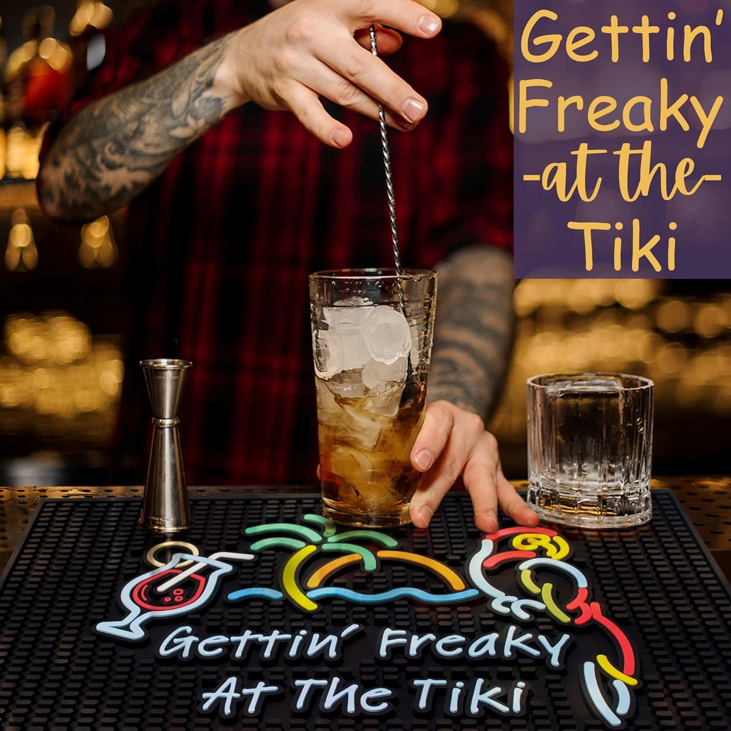Tiki Bar Mats for Countertop - Perfect Bar Sign Gettin Freaky at The Tiki 18x12 in - Kitchen Counter Decor Tiki Bar Accessories, Tiki Bar for Outside Patio Rubber Bar Mats, Luau Mats for Bartending