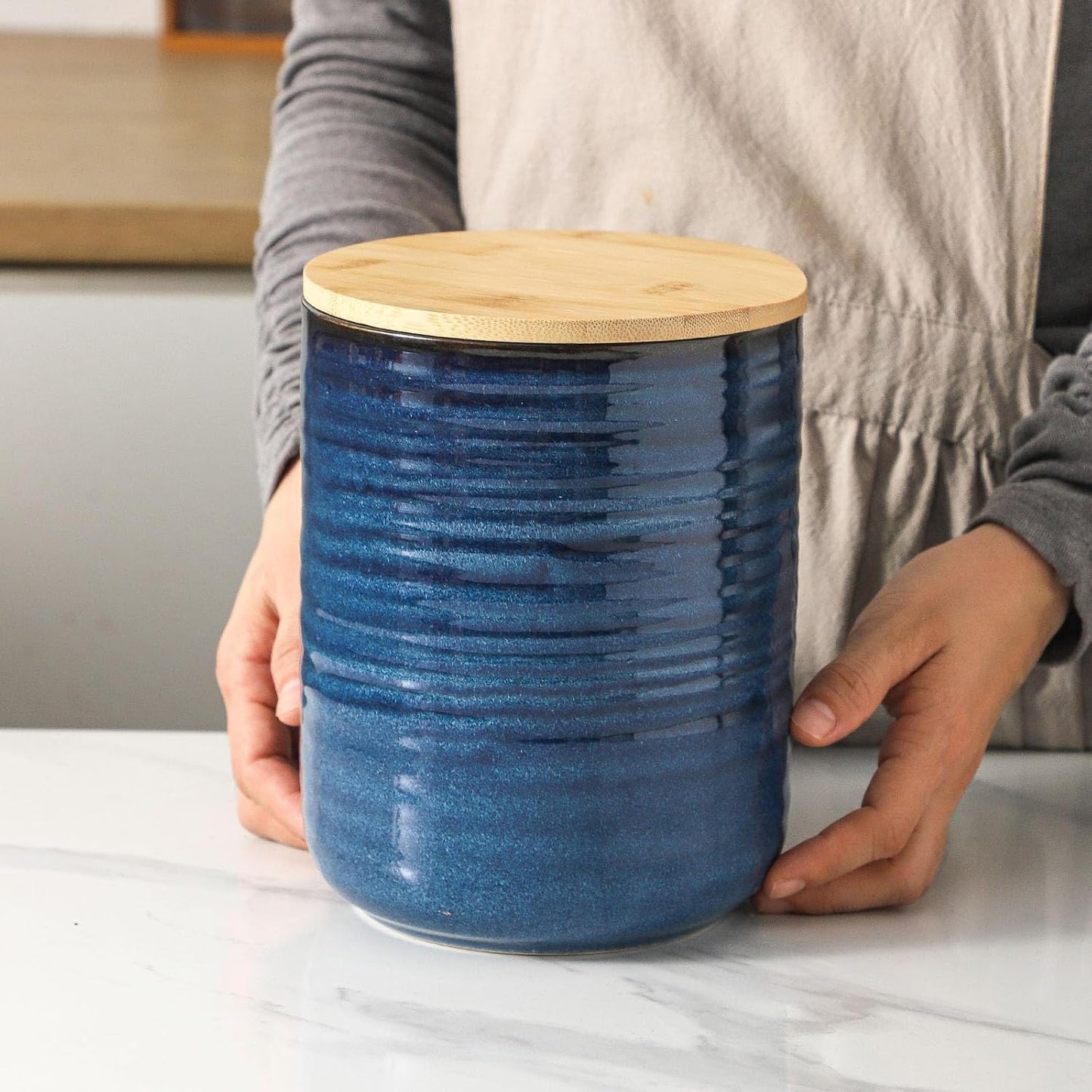 Hasense 80oz Ceramic Food Storage Jar with Airtight Bamboo Lid – 7.5 Inch Large Kitchen Canister for Coffee, Sugar, Flour, Tea, Snacks – Wide Mouth Blue Container for Pantry Organization