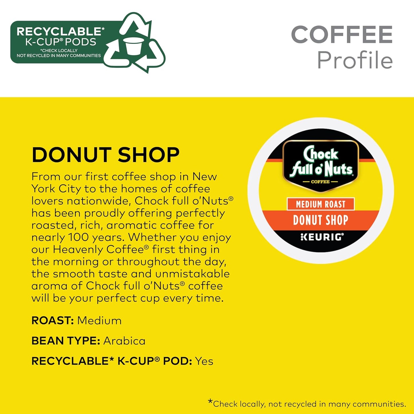 Chock Full o'Nuts Donut Shop Coffee, Compatible with K-Cup Pods, 12 CT (Pack of 6)