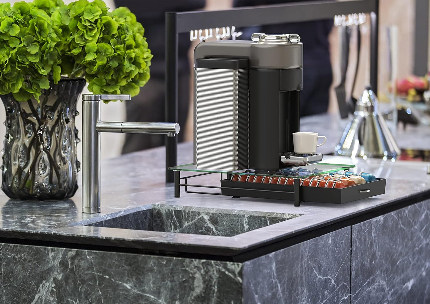 DecoBrothers Crystal Tempered Glass Vertuo Pod Holder Drawer, 28 Large or 56 Small Nespresso Capsule Organizer, Black