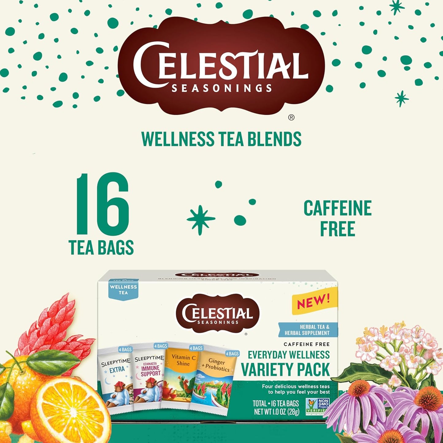Celestial Seasonings Everyday Wellness Tea Variety Pack, Caffeine Free, 16 Tea Bags Box