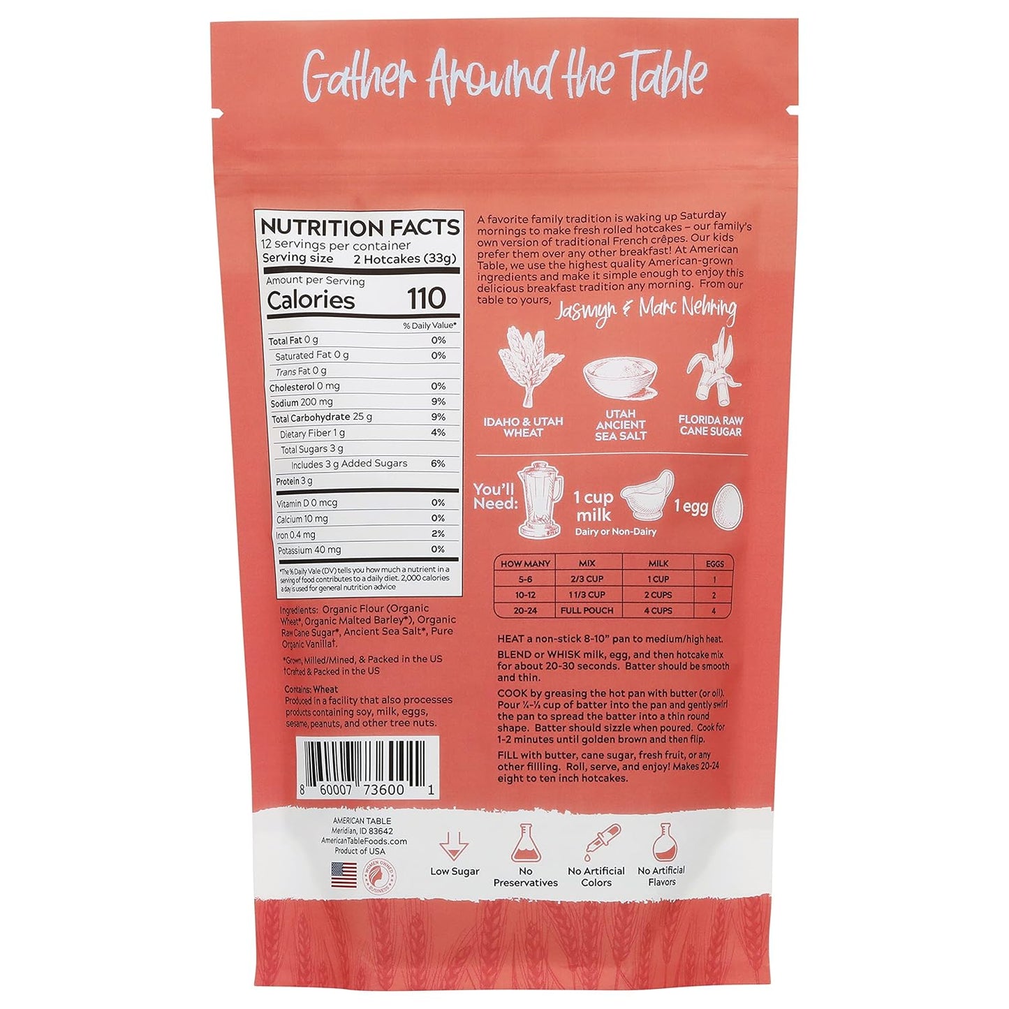 Classic Rolled Hotcakes Crepe Mix by American Table, Made with American-Grown Organic Wheat Flour & Pure Vanilla, French-Style, Non-GMO, Low Sugar, No Preservatives, Quick Prep, Makes 72 Crepes (14 oz, Pack of 3)